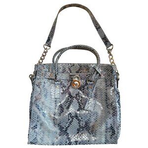 Michael Kors Blue Suede Python Embossed Hamilton Purse Tote Women's Shoulder Bag